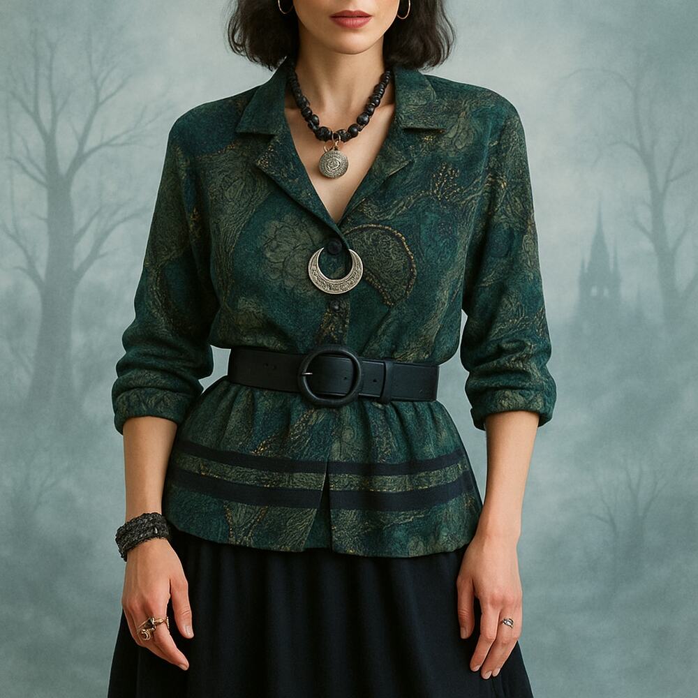 Vintage 90s Boho Witchy Paisley Floral Metallic Jacket Green Black Gold Size 16P